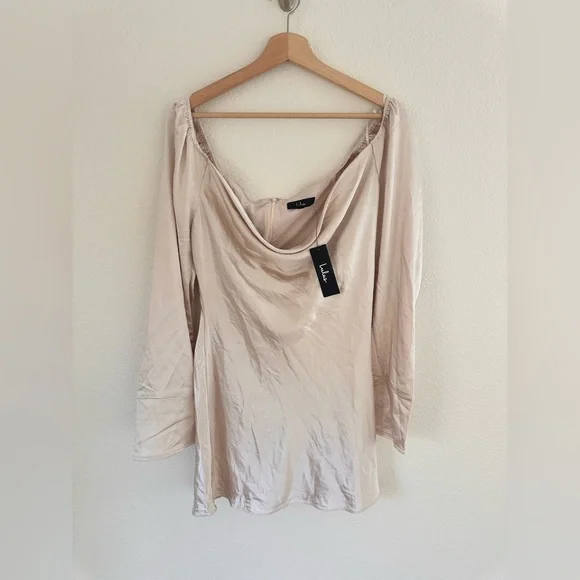 Lulus Sensational Fate Champagne Satin Cowl Neck Mini Dress - Picture 7 of 9